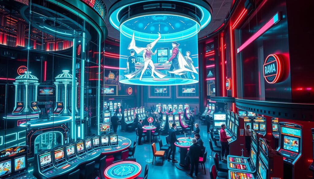 A neon-lit casino of the future, its gleaming glass facade reflecting the city skyline at night. Inside, a sprawling gaming floor bustles with holographic tables and digital slot machines, their screens flickering with dazzling animations. Hovering above, a massive holographic display showcases the latest virtual reality games, enticing players to step into a world of boundless possibility. The air is charged with a sense of anticipation, as patrons navigate the maze of gaming options, their faces alight with the thrill of the wager. Ambient lighting casts a warm, futuristic glow, while sleek, minimalist design elements create an atmosphere of technological sophistication. This is the casino of tomorrow, a hub of innovation and entertainment, where the boundaries between reality and fantasy blur, offering a glimpse into the evolving future of gaming.