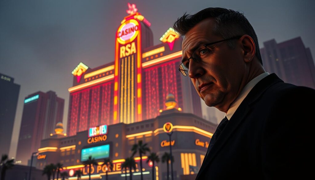 A neon-lit facade of a sprawling, opulent casino looms, its gaudy signage and flashing lights masking a sinister facade. In the foreground, a businessman in a sharp suit examines the building with a critical eye, brow furrowed as he scrutinizes the details. The background is hazy, with the silhouettes of other high-rise structures casting long shadows across the scene, creating an atmosphere of unease and suspicion. The lighting is dramatic, with warm tones contrasting against the cool, clinical feel of the casino's exterior, hinting at the deception that lies within. Lens flares and a shallow depth of field add to the sense of cautious observation, as if the viewer is peering through the eyes of someone seeking to uncover the truth.
