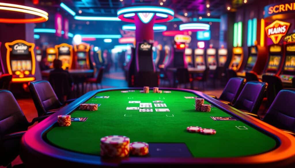 A neon-lit online casino table, cast in an atmospheric glow. The green felt surface is dotted with poker chips and playing cards, their designs crisp and detailed. Sleek, modern casino chairs surround the table, inviting the player to step into the high-stakes action. In the background, the blurred silhouettes of other tables and gaming machines suggest the bustling energy of the virtual casino. Dramatic lighting creates depth and drama, with pools of light and shadow heightening the tension. The composition is balanced and visually captivating, drawing the viewer into the heart of the strategic online gambling experience.