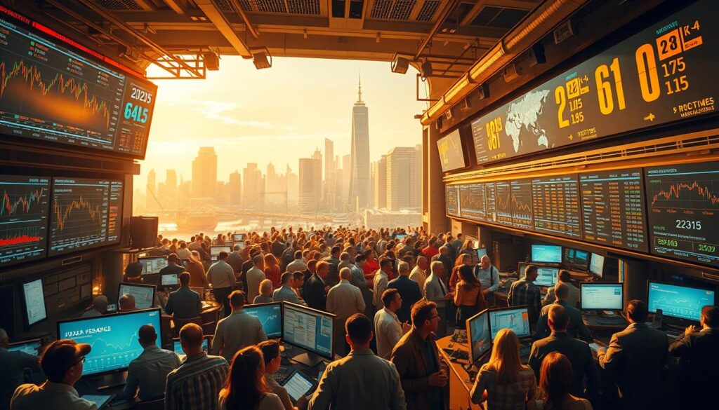 A panoramic view of a bustling financial market, with traders gathered around electronic displays analyzing real-time data. The scene is bathed in a warm, golden light, creating a sense of vibrancy and energy. In the foreground, charts and graphs are projected onto large screens, depicting market trends and forecasts. The middle ground features a diverse crowd of investors, financial analysts, and industry experts engaged in active discussions, gesturing towards the screens. In the background, the skyline of a modern, technologically-advanced city is visible, symbolizing the global scope of the market. The overall atmosphere conveys a sense of anticipation and determination as the market participants navigate the complexities of the 2025 economic landscape.