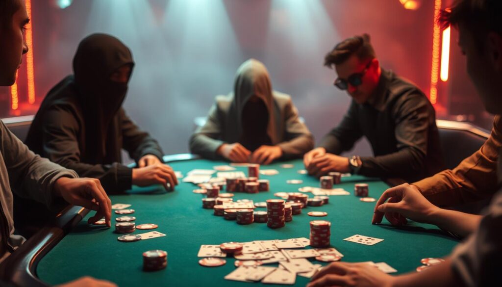 A poker table with a classic green felt surface, illuminated by warm, soft lighting. The cards and chips are scattered, signaling an intense Texas Hold'em game in progress. Players' faces are obscured, focusing the viewer's attention on the strategic maneuvering of hands and the tension of the high-stakes showdown. The background is hazy, creating a sense of immersion in the competitive atmosphere. The image conveys the thrilling experience of Texas Hold'em gameplay, the fusion of skill, chance, and the thrill of victory or defeat.