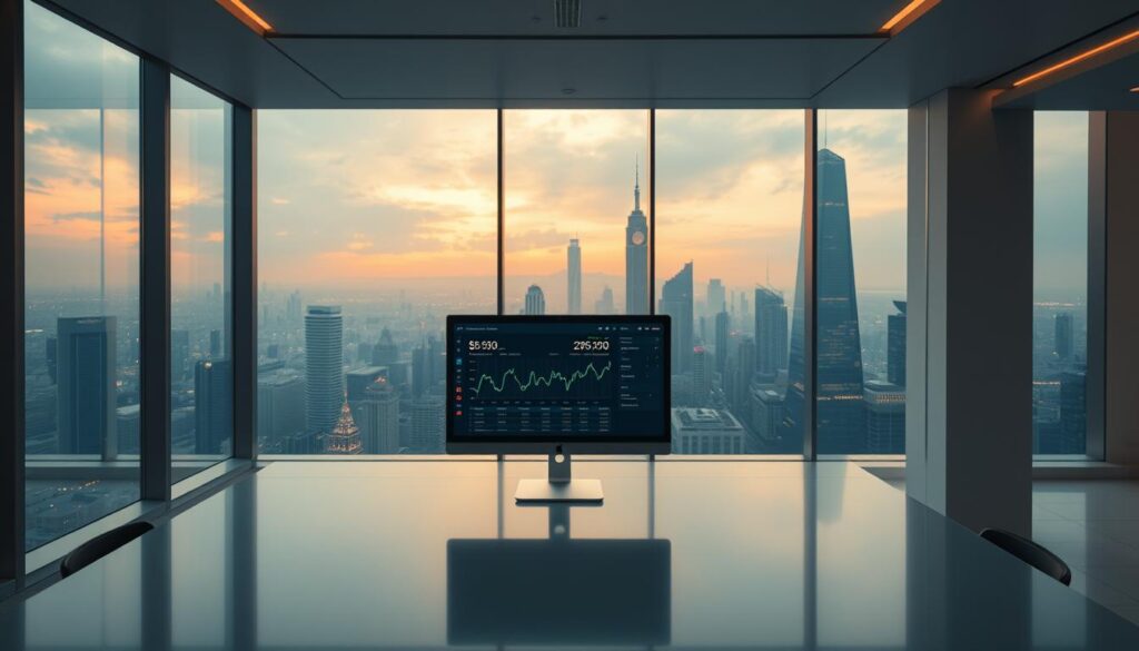 A pristine, ultramodern office interior with floor-to-ceiling windows overlooking a bustling city skyline. In the foreground, a sleek, minimalist desk with a computer monitor displaying a financial dashboard, illustrating the efficiency and speed of online casino payouts. Warm, diffused lighting casts a tranquil glow, while strategic camera angles emphasize the clean, professional aesthetic. The overall atmosphere conveys a sense of streamlined sophistication and technological prowess, reflecting the key factors that influence the efficiency of online casino withdrawal processes.