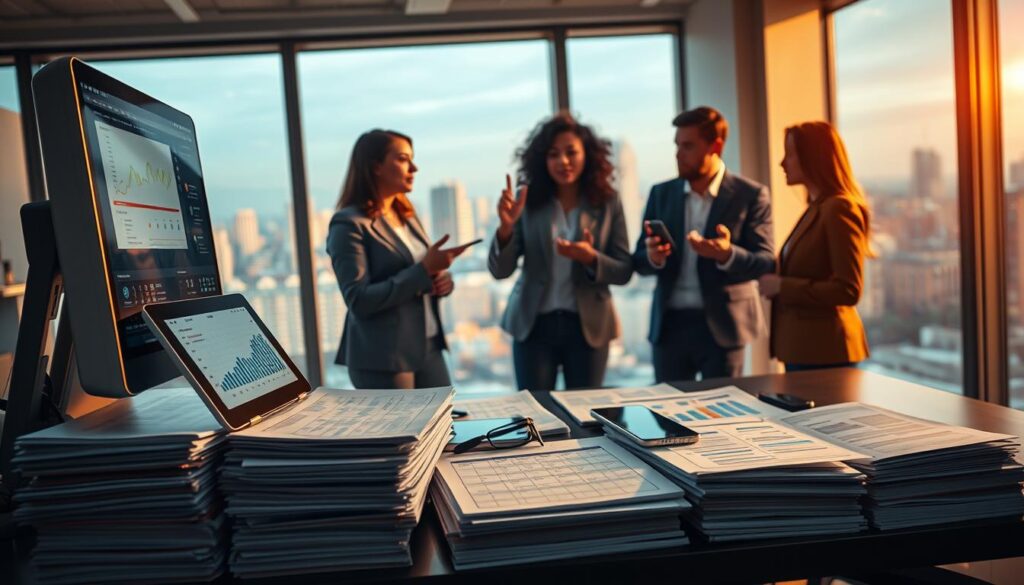 A professional-looking image of "social media management strategy". A workplace setting with a desktop computer, tablet, and smartphone on a desk. Stacks of documents, calendars, and digital analytics dashboards in the foreground. In the middle ground, a team of diverse professionals collaborating on a social media strategy, gesturing towards the devices and screens. The background features a window overlooking a cityscape, with warm, directional lighting illuminating the scene. The overall atmosphere conveys a sense of strategic planning, data-driven decision making, and cross-functional teamwork for effective social media management.