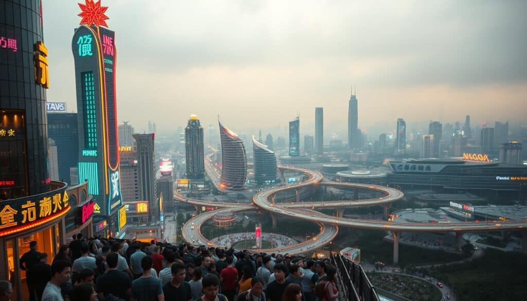 A rapidly expanding skyline of towering casinos and glittering neon signs, casting a warm glow over a bustling urban landscape. In the foreground, a crowd of people eagerly entering the glass-fronted entryways, excitement palpable in their expressions. The middle ground showcases a web of roads and bridges, bustling with traffic as people flock to the alluring hub of online gambling. In the distance, a hazy horizon is punctuated by the silhouettes of high-rise hotels and entertainment complexes, signifying the scale and dominance of the industry. Evocative lighting, with a mix of natural daylight and artificial illumination, creates a vibrant, almost cinematic atmosphere. The overall composition conveys the rapid growth and widespread appeal of the online gambling phenomenon in Taiwan.