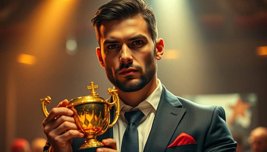 A renowned Texas Hold'em poker champion stands in the spotlight, their face exuding a confident, laser-focused gaze. Dressed in a sharp suit, they grip a prestigious trophy, the glimmering gold catching the warm, dramatic lighting that casts dramatic shadows across their features. The background is blurred, drawing the viewer's attention to the champion's triumphant pose, their unwavering determination palpable. The scene evokes the thrill and prestige of the world's most celebrated poker tournaments, where strategical mastery and nerves of steel reign supreme.