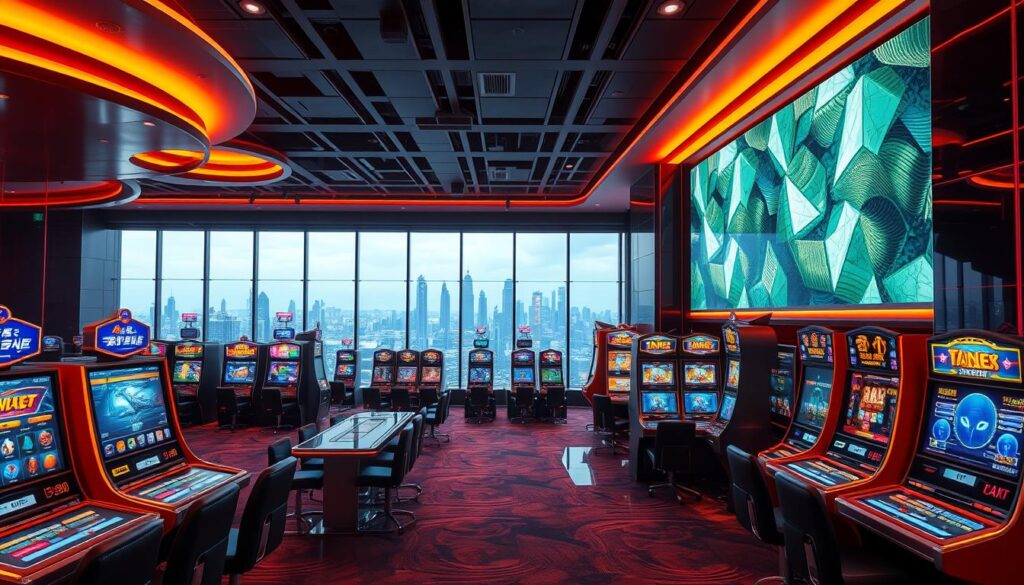 A richly detailed interior of a Taiwanese online casino, the "Alabaad Entertainment City". The foreground features an array of interactive gaming stations, each offering a distinct selection of digital casino games, from classic table games to modern slot machines. The middle ground showcases a sleek, contemporary design with polished surfaces, neon accents, and large display screens showcasing the latest game offerings. In the background, a panoramic view of the vibrant city skyline can be seen through expansive windows, creating a sense of immersion and connection to the bustling urban environment. The lighting is a harmonious blend of warm, ambient illumination and focused spotlights, highlighting the excitement and energy of the gaming experience. The overall atmosphere conveys a sophisticated, immersive, and inviting experience for the discerning Taiwanese online casino enthusiast.