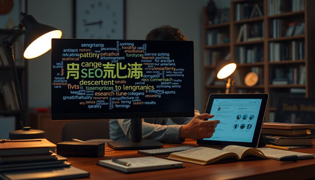 A richly-detailed visual representation of "關鍵字研究" for an SEO article. In the foreground, a computer screen displays a word cloud of carefully researched keywords, their size reflecting search volume. Behind it, a researcher intently reviews analytical data, aided by a desk lamp casting a warm glow. The middle ground features various research materials - books, notes, and a tablet displaying search engine results. In the background, a bookshelf filled with SEO resources and a minimalist workspace create a contemplative, focused atmosphere. Crisp, high-resolution, photorealistic rendering with cinematic lighting and depth of field.