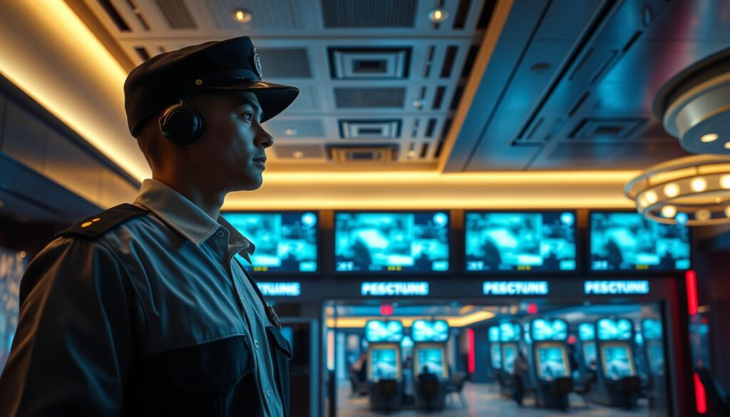 A secure and well-lit interior of a modern casino, featuring a row of high-tech security monitors displaying real-time surveillance footage. The sleek, minimalist design conveys a sense of professionalism and reliability. In the foreground, a security guard in a crisp uniform stands vigilant, maintaining a watchful eye over the proceedings. The background showcases the casino's sophisticated access control systems, with biometric scanners and digital locks ensuring the safety and privacy of patrons. Soft, indirect lighting casts a warm glow, creating a reassuring atmosphere of protection and control.