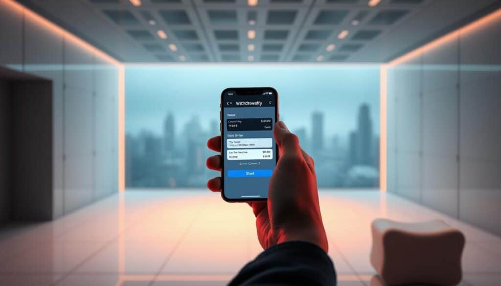 A security-focused scene showcasing the importance of withdrawal safety in online gambling. In the foreground, a hand holds a smartphone securely, with a transaction screen displayed. The middle ground features a serene, minimalist environment with clean lines and muted colors, conveying a sense of trust and reliability. The background subtly depicts a cityscape, representing the digital landscape in which these financial transactions occur. Soft, directional lighting casts a warm, reassuring glow, while the camera angle emphasizes the user's control and confidence in the withdrawal process. The overall mood is one of security, transparency, and the user's peace of mind in the face of financial transactions.