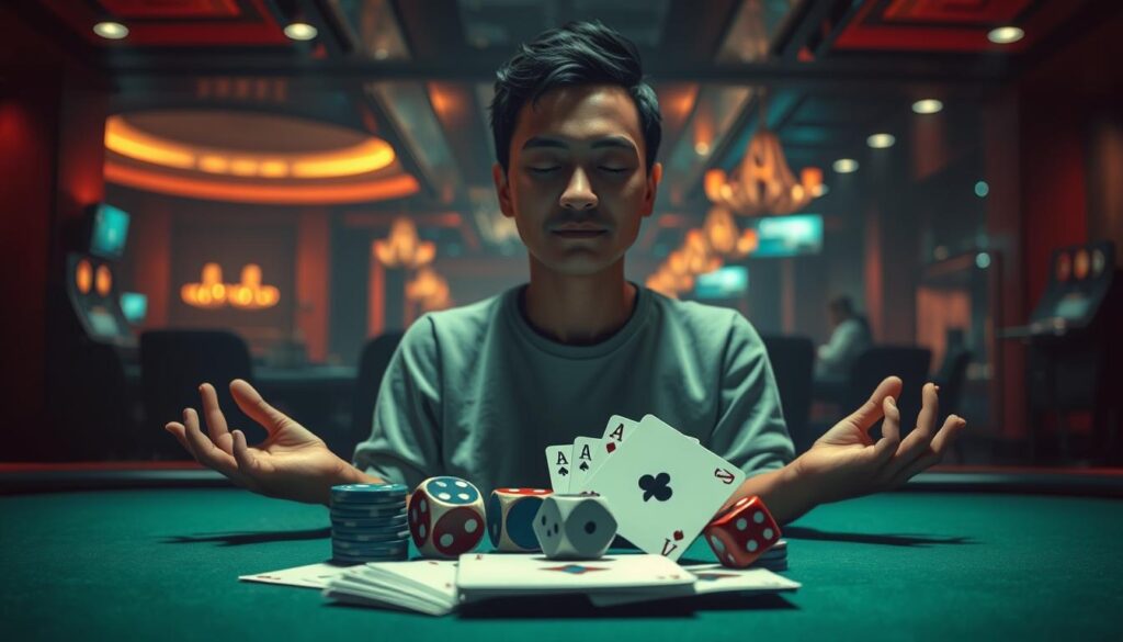A serene and calming scene depicting the psychological aspects of gambling. In the foreground, a person meditating, their face reflecting tranquility and emotional control. The middle ground features gambling paraphernalia - poker chips, dice, and playing cards - arranged in a balanced, harmonious composition, suggesting the importance of mental discipline. The background showcases a dimly lit casino interior, with muted lighting and muted colors, conveying a sense of introspection and restraint. The overall atmosphere is one of mindfulness and emotional intelligence applied to the high-stakes world of gambling.