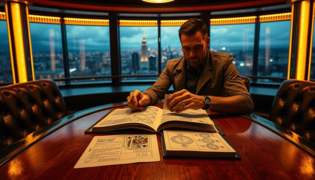 A serene and contemplative table of a master Texas Hold'em player, illuminated by warm, golden lights from above. The table surface is a rich, polished wood, surrounded by leather-upholstered chairs. Upon the table, an open book showcases diagrams and charts, illustrating advanced poker strategies and techniques. The player's hands, calloused from years of experience, grasp playing cards, their face a stoic mask of concentration. Behind them, a vast panoramic window reveals a picturesque cityscape, hinting at the high-stakes world of professional poker. The atmosphere evokes a sense of quiet determination and the pursuit of mastery in the refined art of Texas Hold'em.
