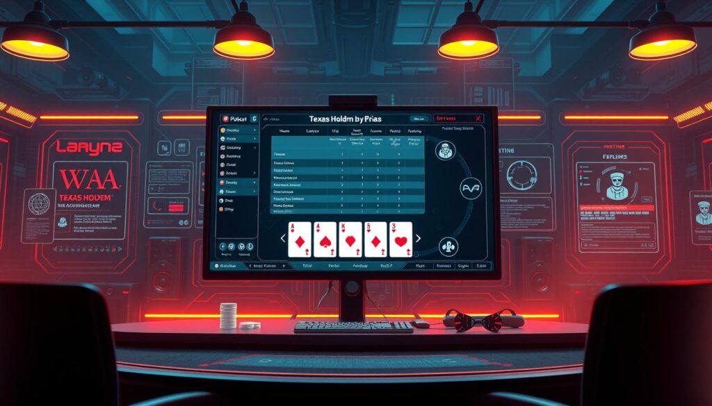 A serene and modern Texas Hold'em poker platform set against a backdrop of sleek technological interfaces. The main focus is a high-resolution display showcasing a clean, intuitive user interface with easy-to-navigate menus and settings. The platform's security features are subtly implied through subtle visual cues, such as encrypted data transmissions, tamper-evident seals, and multi-factor authentication prompts. Warm lighting from overhead fixtures casts a professional, trustworthy ambiance, while the overall composition conveys a sense of reliability, fairness, and player protection. The scene is rendered in a photorealistic style with a shallow depth of field, emphasizing the platform's key elements.