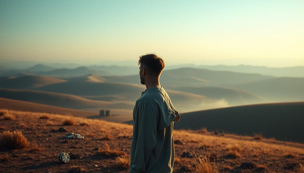 A serene and reflective scene of a lone figure standing amidst a tranquil landscape, contemplating strategies to overcome a period of setbacks in a high-stakes poker game. The subject is illuminated by soft, natural lighting, casting a pensive glow over their expression. The background features a wide, open expanse with rolling hills and a distant horizon, symbolizing the broad possibilities and opportunities for growth even in the face of adversity. The composition is balanced, with the figure positioned centrally, allowing the viewer to fully engage with the introspective mood. Subtle details, such as a discarded deck of cards or a thoughtful gaze, convey the challenges and determination inherent in the subject's journey to adapt and excel in the demanding world of Texas Hold'em poker.