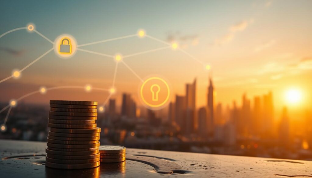 A serene and secure financial landscape, bathed in warm golden light. In the foreground, a stack of coins and a digital wallet icon radiate an aura of stability and trust. The middle ground features a secure network of encrypted data flows, represented by flowing lines and glowing nodes. In the background, a cityscape of modern, high-rise buildings symbolizes the robust infrastructure that underpins financial security. The overall composition conveys a sense of order, reliability, and the protection of personal assets, reflecting the best practices for safeguarding one's financial wellbeing.