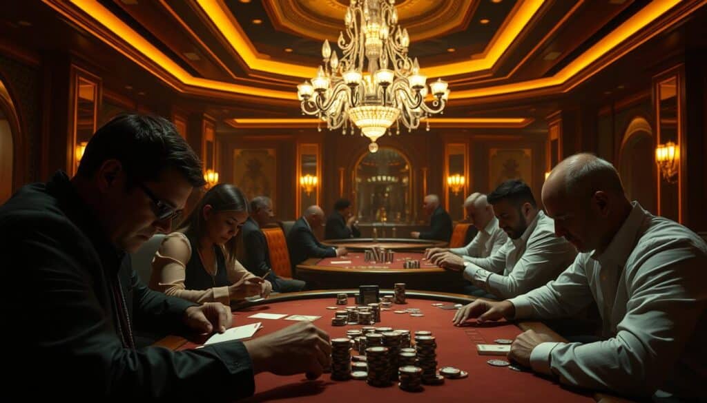 A serene casino interior, dimly lit with warm amber tones. In the foreground, a group of people carefully studying their cards and chips, their expressions focused and contemplative. The middle ground features luxurious leather chairs and a polished wooden table, evoking a sense of sophistication. In the background, a grand chandelier casts a soft, diffused light across the scene, creating an atmosphere of controlled risk and strategic decision-making. The overall mood is one of measured contemplation, where players meticulously manage their gambling risks through disciplined gameplay.