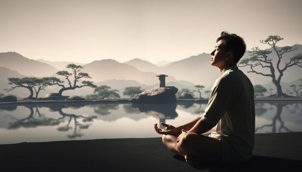 A serene, contemplative scene depicting the concept of "心態管理". In the foreground, a thoughtful individual sits cross-legged, eyes closed, hands in a meditative pose. The lighting is soft and natural, creating a sense of introspection and inner focus. In the middle ground, a tranquil Japanese garden unfolds, with carefully pruned bonsai trees, a zen rock formation, and a still pond reflecting the scene. The background features a minimalist, ink-wash style landscape, with mountains shrouded in mist, conveying a sense of balance, harmony, and mental clarity. The overall atmosphere is one of stillness, concentration, and the mastery of one's emotional state, perfectly capturing the essence of "心態管理" in the context of the Texas Hold'em strategy.