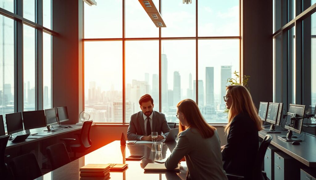 A serene corporate office setting, bathed in warm natural light filtering through large windows. In the foreground, a team of professionals in business attire engaged in a collaborative discussion around a sleek conference table, their expressions focused and engaged. The middle ground features neatly organized workstations, with desktop computers and carefully curated decor elements that convey a sense of professionalism and attention to detail. The background showcases an expansive city skyline, hinting at the global reach and influence of the organization. The overall atmosphere evokes a productive, innovative, and well-managed environment where effective external link-building strategies are meticulously executed.