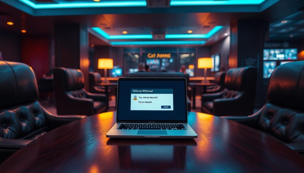 A serene gaming lounge with plush leather chairs and a polished wooden table. Soft ambient lighting casts a warm glow, setting a tranquil atmosphere. On the table, a laptop display shows a successful withdrawal transaction, with a notification confirming the funds have been deposited. A sense of satisfaction and relief is palpable, as a player's hard-earned winnings are seamlessly transferred. The scene conveys the smooth, hassle-free experience of cashing out gaming rewards, a testament to the reliability and efficiency of the online entertainment platform.
