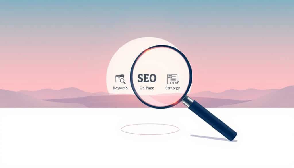 A serene, minimalist illustration of the core concepts of SEO (Search Engine Optimization). In the foreground, a magnifying glass hovers over a clean, white background, symbolizing the process of understanding and uncovering key elements. In the middle ground, several simple icons represent fundamental SEO principles such as keyword research, on-page optimization, and content strategy. The background features a subtle, gradient-based landscape, evoking a sense of depth and the expansive nature of the digital landscape. The overall mood is one of clarity, focus, and the systematic exploration of SEO fundamentals.