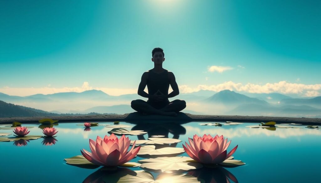 A serene, minimalist scene depicting the concept of "心態管理". In the foreground, a tranquil lotus pond reflects the clear blue sky above. Lotus flowers bloom gracefully, symbolizing the calm and focused mindset needed for successful online gambling. In the middle ground, a lone figure sits cross-legged in a meditative pose, eyes closed, radiating an aura of inner peace and emotional control. The background features a gently rolling landscape, with distant mountains shrouded in soft mist. Natural lighting filters through wispy clouds, creating a warm, ambient glow. The overall atmosphere evokes a sense of harmony, discipline, and the importance of mental poise when facing the challenges of online casino gaming.