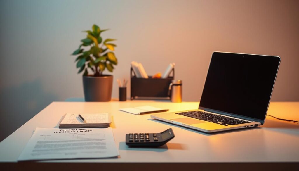 A serene, minimalist scene of financial management. In the foreground, a meticulously organized desk with a laptop, calculator, and neatly stacked documents. Warm, directional lighting illuminates the setup, casting soft shadows that convey a sense of focus and precision. The middle ground features a potted plant, symbolizing growth and sustainability, alongside a well-curated selection of office supplies. The background is a neutral, blurred backdrop, allowing the subject to take center stage. The overall atmosphere is one of calm, control, and efficient financial stewardship.