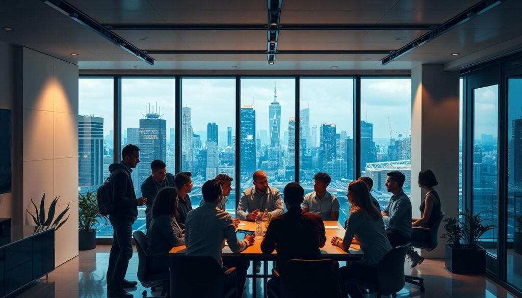 A serene, modern office setting with sleek, minimalist decor. In the foreground, a group of diverse professionals gathered around a conference table, engaged in a lively discussion. Overhead, warm, directional lighting illuminates the scene, casting subtle shadows and highlighting the details of the workspace. In the background, large windows offer a picturesque view of a bustling urban skyline, reflecting the dynamic energy of the SEO social media landscape. The atmosphere is one of productive collaboration, with an emphasis on the thoughtful selection of the right platforms to enhance online visibility and reach.