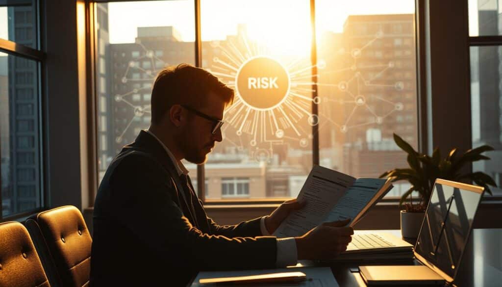 A serene office setting with a businessman carefully analyzing financial reports and charts, illuminated by warm natural lighting filtering through large windows. In the background, a conceptual wall display depicts a complex web of interconnected risk factors, visually emphasizing the importance of comprehensive risk management strategies. The scene conveys a sense of thoughtful deliberation and the gravity of responsible financial decision-making.
