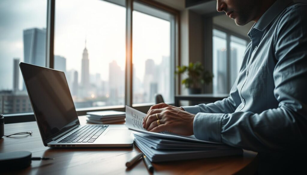 A serene office setting with a wooden desk, a laptop, and a stack of documents. In the foreground, a businessman's hands carefully managing financial documents, analyzing data, and considering investment strategies. Behind him, a large window overlooking a bustling city skyline, symbolizing the connection between financial decisions and the broader economic landscape. Soft, diffused lighting creates a contemplative atmosphere, while the overall composition conveys a sense of control, precision, and responsible financial management.