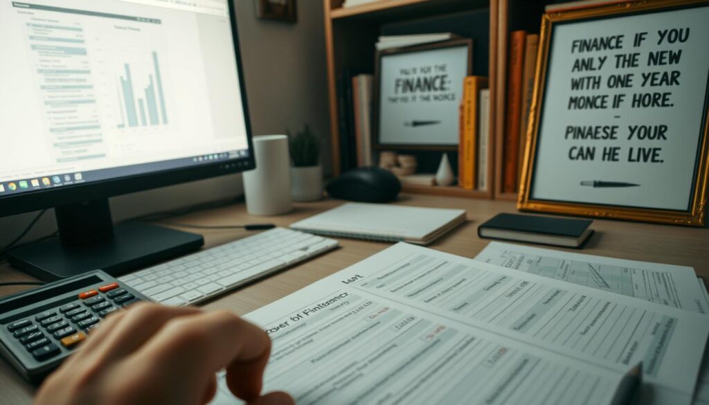 A serene, well-organized workspace with a desktop computer, a calculator, and carefully arranged financial documents. The lighting is soft and warm, creating a calming atmosphere. In the foreground, a hand holds a pen, poised to meticulously record financial data. The middle ground features a neatly organized ledger, highlighting the importance of careful bookkeeping. In the background, a bookshelf filled with finance-related books and a framed motivational quote about the power of prudent money management. The overall scene conveys a sense of control, discipline, and the ability to achieve financial stability through diligent resource allocation.