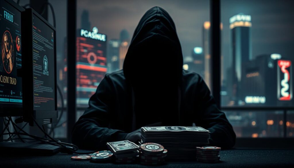 A shadowy figure sitting at a computer, their face obscured by a hoodie, surrounded by glowing screens and tangled wires. In the foreground, a stack of cash and casino chips, symbolizing the illicit gains from a casino fraud scheme. The background is a blurred cityscape, hinting at the urban setting where these crimes take place. Moody lighting casts dramatic shadows, creating an atmosphere of secrecy and unease. The overall scene conveys the deceptive and clandestine nature of casino-related scams.