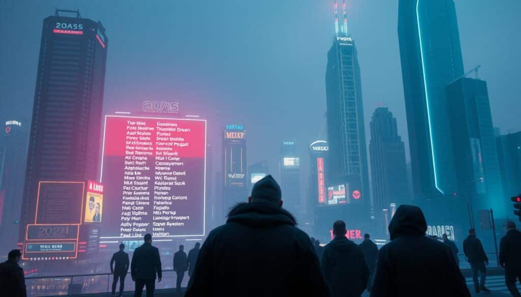 A sleek and modern entertainment city skyline, with towering skyscrapers and neon-lit billboards. In the foreground, a list of names and corporations appears, glowing ominously against a backdrop of shadowy figures and suspicious activities. The scene is bathed in a cool, blue-tinged lighting, creating an atmosphere of unease and tension. The camera angle is slightly elevated, giving a bird's-eye view of the cityscape, emphasizing the scale and complexity of the "2025 Entertainment City Fraud List" situation.