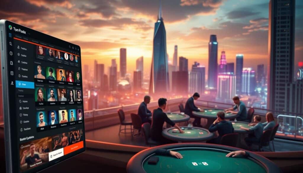 A sleek and modern online poker platform set against a backdrop of a dynamic cityscape. The foreground features a well-designed user interface with intuitive navigation, featuring various poker game options, player avatars, and a clean, minimalist aesthetic. The middle ground showcases a high-resolution 3D rendering of the platform's lobby, with players engaged in intense Texas Hold'em matches, their expressions focused and competitive. In the background, towering skyscrapers and a vibrant skyline create a sense of urban sophistication, conveying the platform's global reach and appeal. The lighting is soft and warm, creating a welcoming and immersive atmosphere for the online poker experience.