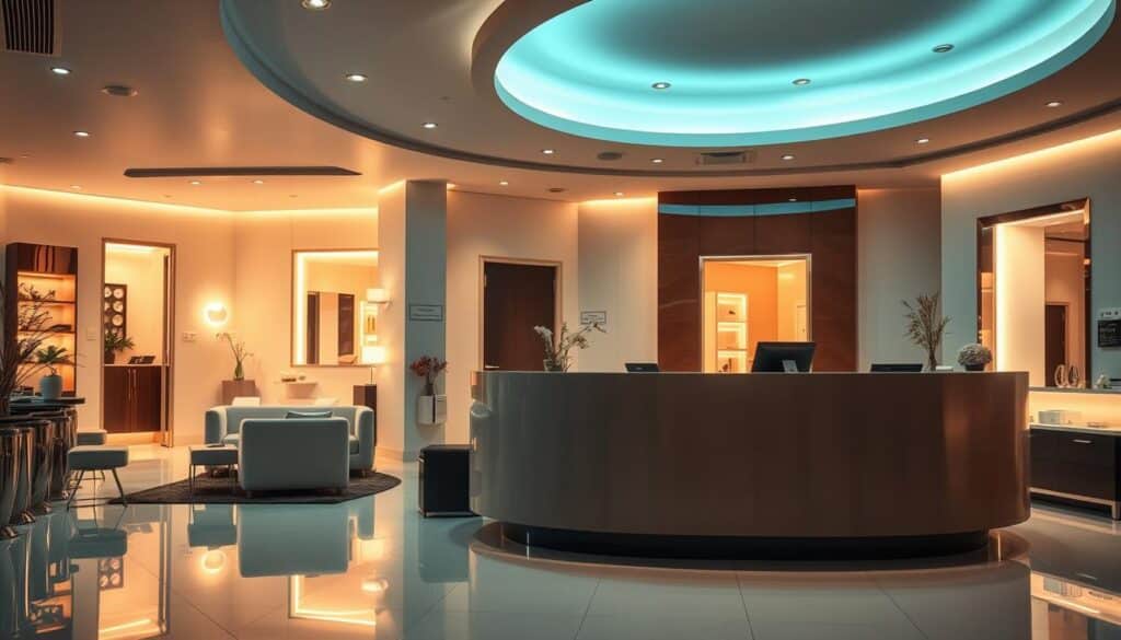 A sleek and modern professional beauty center, bathed in soft, warm lighting. The spacious lobby features plush seating and minimalist decor, creating a tranquil ambiance. In the background, glimpses of private treatment rooms can be seen, their doors slightly ajar, suggesting the high-end services offered within. The tiled floors gleam, and the overall atmosphere conveys a sense of luxurious pampering and relaxation. A large, statement-making reception desk dominates the foreground, staffed by attentive professionals ready to guide clients through their indulgent beauty journeys.