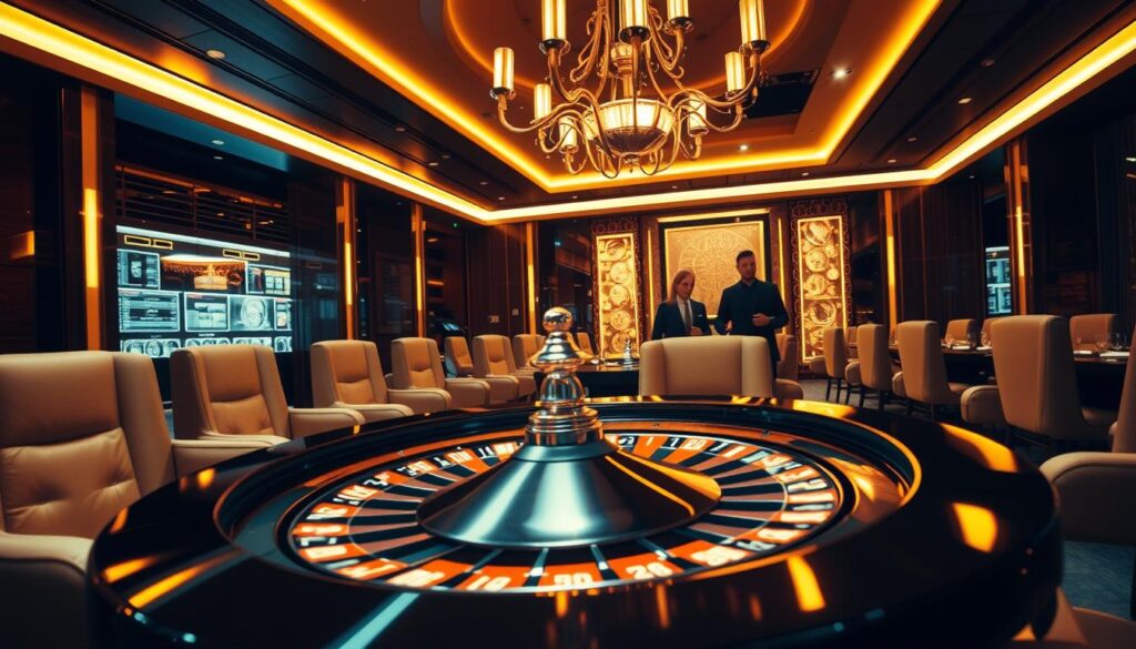 A sleek, modern casino interior with plush seating and polished wood accents. A roulette table dominates the foreground, its spinning wheel and cascading chips suggesting the thrill of high-stakes gameplay. Overhead, a dramatic chandelier casts a warm, golden glow, creating an atmosphere of sophisticated elegance. In the background, silhouetted figures peer intently at the table, studying the patterns and probabilities that could unlock the secrets to consistent victory. The lighting is soft and atmospheric, with strategically placed shadows to draw the eye towards the focal point - the roulette wheel, the embodiment of the methods to boost one's winning chances in the online casino.