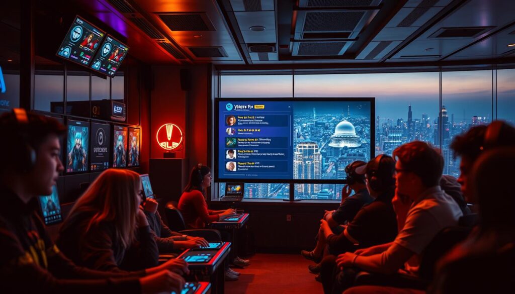 A sleek, modern gaming lounge with an array of electronic devices and gaming equipment. In the foreground, a group of players engaged in an intense gaming session, their faces alight with concentration. In the middle ground, a large screen displays player reviews and feedback, showcasing a diverse range of opinions and ratings. The background features a panoramic view of a vibrant, bustling city skyline, hinting at the thriving online entertainment industry. Soft, warm lighting casts a cozy, inviting atmosphere, complementing the dynamic energy of the scene. The composition captures the essence of the gaming experience, blending the perspectives of players, reviewers, and the broader urban landscape.