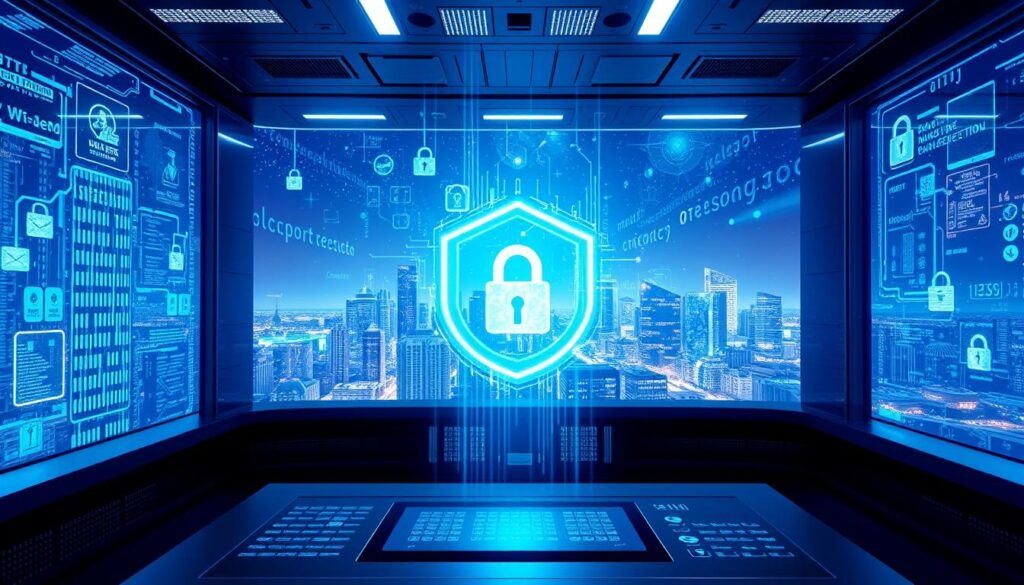 A sleek, modern network security hub with a central control panel and holographic user interface. The foreground features a stylized padlock icon and digital security shields, conveying the idea of online fraud prevention. The middle ground showcases a cityscape of skyscrapers and digital infrastructure, hinting at the scale and complexity of cybercrime. The background depicts a galaxy of data streams, encryption protocols, and security algorithms, all converging to create a sense of technological sophistication. The lighting is a cool, blue-tinged palette, evoking a sense of professionalism and authority. The overall atmosphere conveys a combination of cutting-edge technology and robust cybersecurity measures.