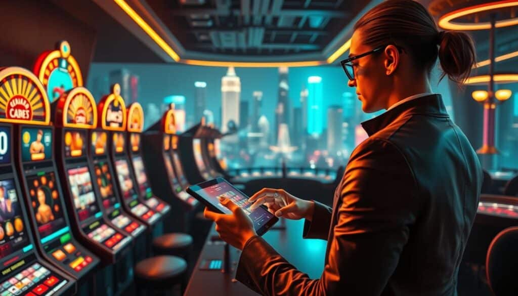 A sleek, modern online casino interface showcasing engaging gameplay and strategic tips. The foreground features the game lobby with various casino classics like slot machines, blackjack, and roulette tables. The middle ground highlights a player using an elegant, touch-screen device to navigate the games. The background depicts a stylish, neon-lit cityscape, conveying the excitement and energy of the online gambling experience. The lighting is warm and inviting, with a hint of chiaroscuro to create depth and drama. The overall composition exudes a sense of sophistication, professionalism, and the promise of potential winnings for savvy players.