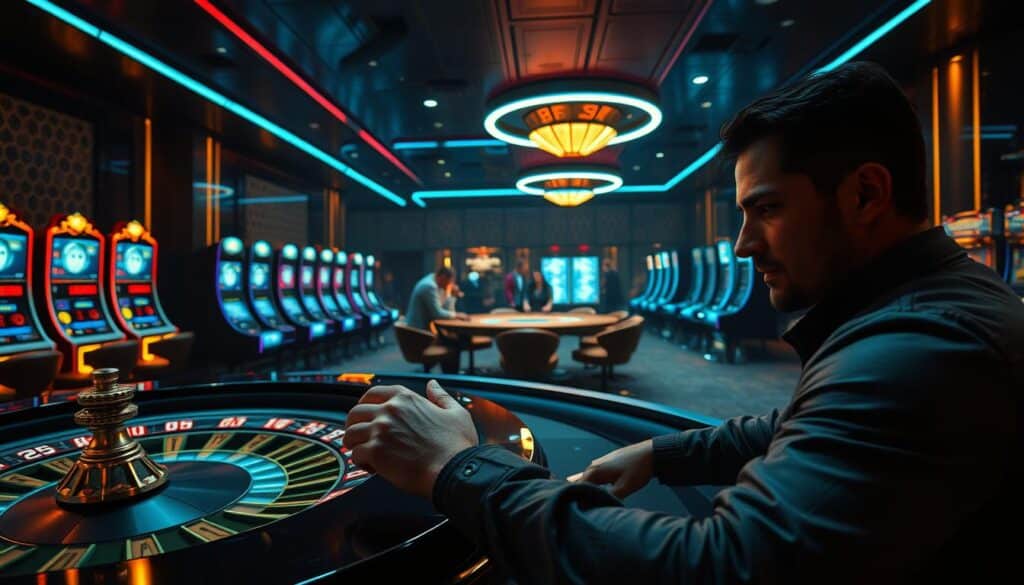 A sleek, modern online casino interior with a focus on strategic gameplay. Set the scene with a dimly lit, moody atmosphere illuminated by the glow of high-definition gaming screens. In the foreground, a player sits intently at a virtual roulette table, their hand posed over the betting chips, eyes narrowed in concentration. In the middle ground, a group of players huddle around a baccarat table, engaged in a tense round. The background features rows of slot machines with mesmerizing light patterns, casting an alluring ambiance throughout the space. Employ a cinematic wide-angle lens to capture the full scope of the dynamic casino environment, showcasing the importance of strategic thinking and calculated risk-taking in online gaming.