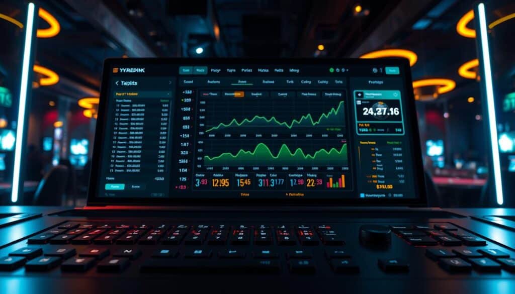 A sophisticated betting system displayed on a sleek, modern interface. In the foreground, a series of interactive buttons and sliders allow the user to input their wagers. The middle ground features a visually appealing data visualization, showcasing real-time odds, potential payouts, and historical trends. The background depicts a dimly lit, atmospheric casino environment, with subtle lighting that casts a warm, inviting glow. The overall mood is one of analytical precision and strategic decision-making, designed to empower the user and enhance their betting experience.