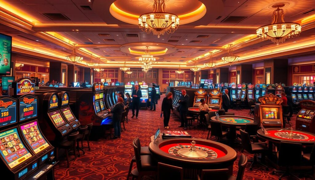 A spacious, well-lit casino lobby with a variety of online gaming stations. In the foreground, various casino games are displayed, including slot machines, roulette tables, and card tables. The middle ground features patrons interacting with the games, their expressions engaged and focused. The background showcases the elegant décor of the casino, with chandeliers, plush carpeting, and tasteful accents. The lighting is warm and inviting, creating a sense of excitement and anticipation. The overall scene conveys the diverse and immersive experience of an online casino, ready to captivate players.