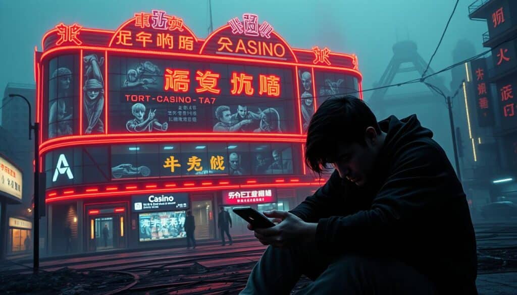 A sprawling online casino facade, its garish neon lights casting an eerie glow across a gritty urban landscape. In the foreground, a distraught player sits hunched over a mobile device, betrayal and anguish etched on their face. The middle ground reveals shadowy figures slipping through the casino's shadows, hinting at the deception that lurks within. The background is shrouded in a hazy, dreamlike atmosphere, suggesting the hazy line between reality and the false promises of easy wealth. Tight, dramatic framing and dramatic chiaroscuro lighting heighten the sense of tension and unease. This image conveys the complex emotions and seedy underbelly of the "卡利娛樂城詐騙案例" exposed in the article.