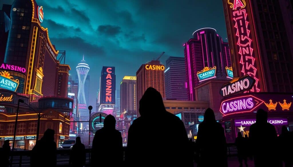 A surreal cityscape at night, dominated by the towering silhouettes of glitzy high-rise casinos, their neon lights casting an eerie glow across the skyline. In the foreground, shadowy figures lurk, symbols of the growing trend of online gambling fraud - deceptive websites, phishing scams, and rigged games designed to exploit the vulnerable. The scene conveys a sense of unease and apprehension, as the urban landscape becomes a breeding ground for illicit activities, the allure of easy money corrupting the souls of those who succumb to its siren call. Captured through a wide-angle lens, the image conveys the scale and scope of this troubling phenomenon, a stark warning of the challenges that lie ahead in the battle against the scourge of online gambling fraud.
