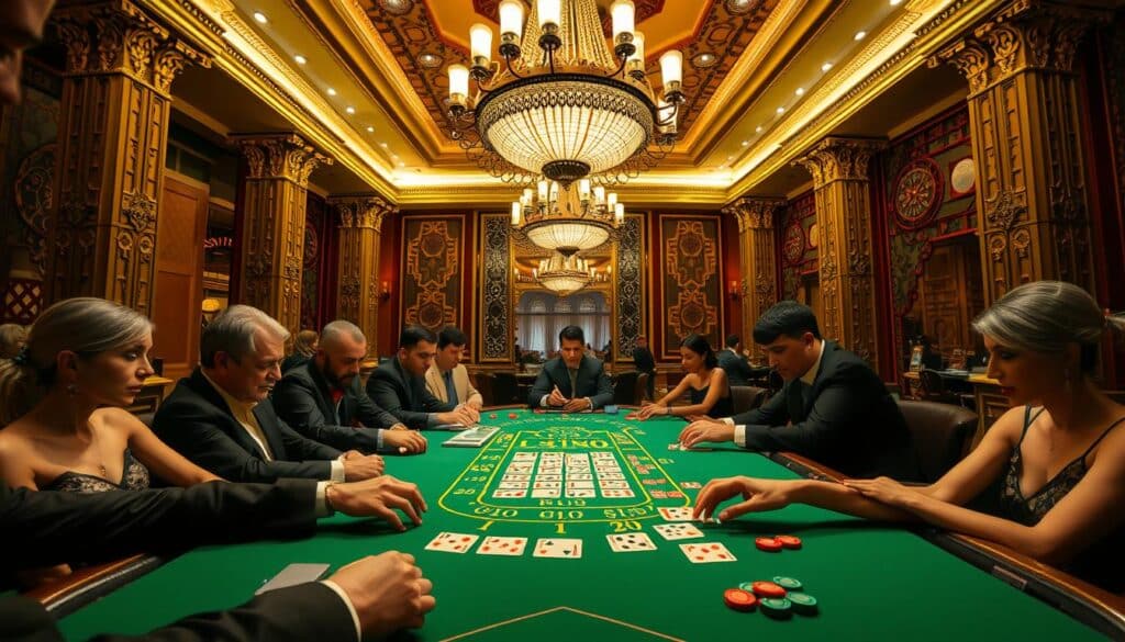 A table covered in a green felt cloth, surrounded by players focused intently on the game of baccarat. Overhead, a dramatic chandelier casts a warm glow, while ornate columns and intricate wall patterns create an air of sophistication. In the foreground, dealer hands move with practiced precision, dealing cards and handling chips. The scene conveys a sense of high-stakes excitement and the allure of casino gaming. Captured through a wide, cinematic lens to emphasize the grand, opulent setting.