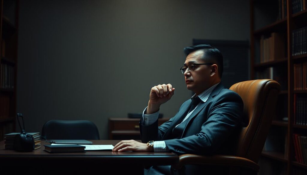 A tranquil office setting with a wooden desk, a contemplative businessman seated in a leather chair, deep in thought. Soft, muted lighting casts subtle shadows, creating an atmosphere of serene introspection. Bookshelves line the walls, hinting at the intellectual nature of the subject. The businessman's expression conveys a sense of focused mental discipline, reflecting the notion of "心理管理" - the art of managing one's psychological state for optimal decision-making and risk mitigation. A sense of control and strategic acumen permeates the scene, alluding to the subject's impact on successful casino gameplay.