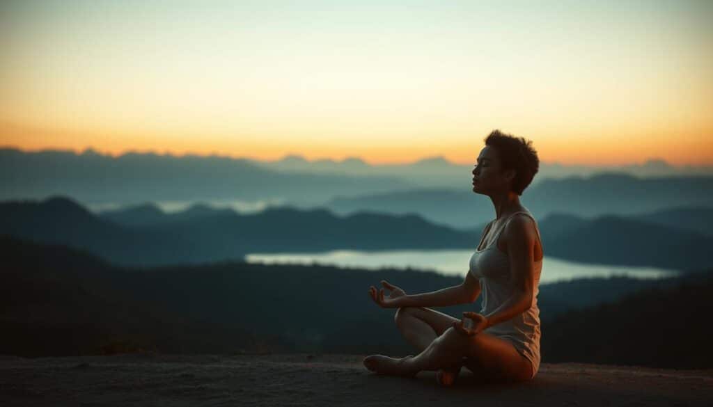 A tranquil scene of emotional balance and control. In the foreground, a person sits cross-legged, eyes closed, practicing mindful meditation. Soft, warm lighting illuminates their serene expression, conveying a sense of inner peace and equanimity. The middle ground depicts a calming, natural landscape - rolling hills, a serene lake, and a clear sky transitioning from day to dusk. In the background, the distant silhouettes of towering mountains symbolize the challenges and obstacles that the person has learned to navigate with composure. The overall atmosphere is one of stillness, clarity, and the harmonious integration of mind, body, and environment.