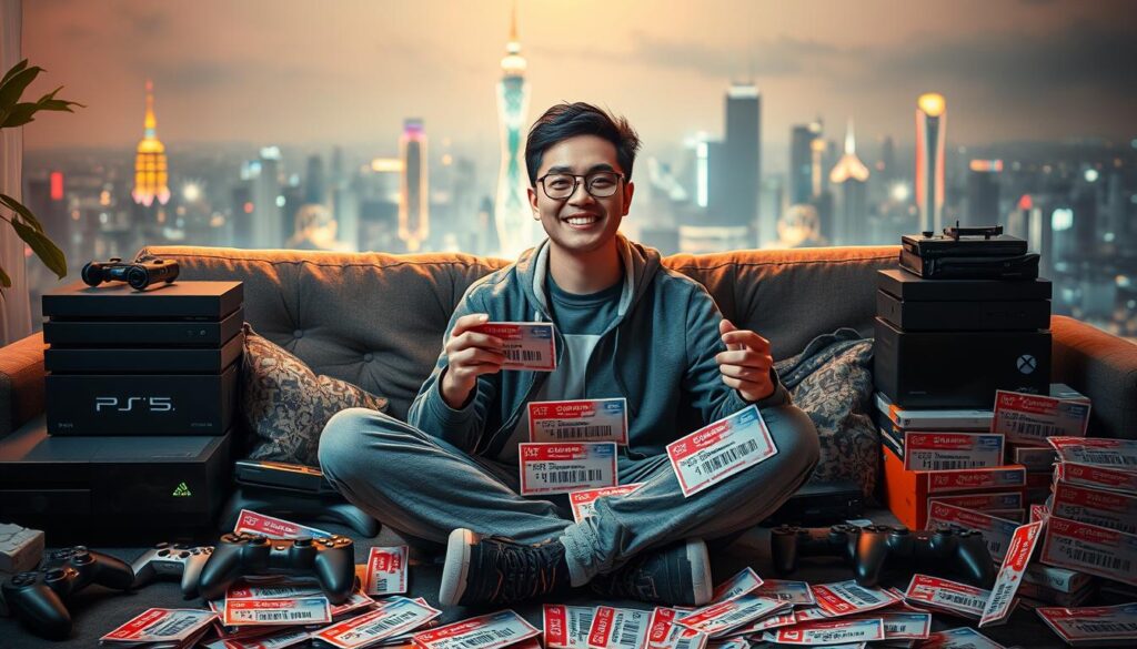 A vibrant Taiwanese gaming enthusiast sitting cross-legged on a couch, surrounded by a collage of gaming consoles, controllers, and an array of colorful promotional codes. Soft, warm lighting illuminates the scene, creating a cozy atmosphere. The gamer's expression conveys a sense of excitement and anticipation, reflecting the importance of these exclusive promotional offers. In the background, a blurred cityscape of Taipei skyline hints at the player's local context. The composition emphasizes the central figure and the crucial role of these unique discounts for Taiwanese gamers, capturing the essence of the section title.