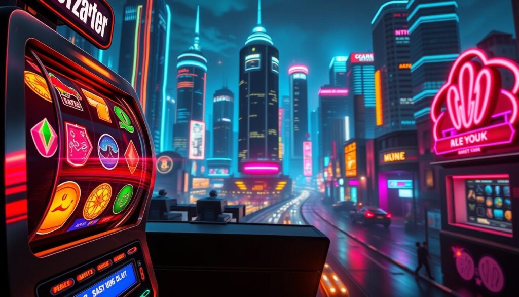 A vibrant and captivating online slot machine set against a sleek, futuristic backdrop. In the foreground, the reels spin with colorful, neon-lit symbols evoking the excitement of a casino. The middle ground features a sophisticated user interface with buttons and controls, inviting the player to interact. In the background, a cityscape of gleaming skyscrapers and neon-drenched streets sets the mood of a bustling, high-tech metropolis. Dramatic lighting casts dramatic shadows, creating a sense of depth and drama. The overall atmosphere exudes a palpable air of anticipation and the thrill of chance, perfectly capturing the allure of the online slot machine experience.