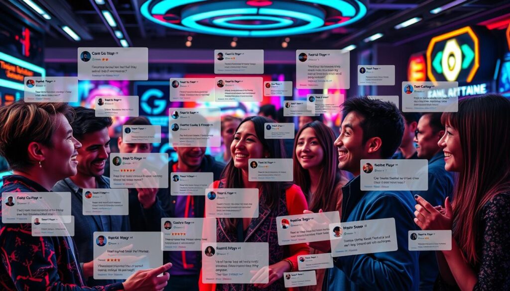 A vibrant and captivating scene showcasing real-user reviews and feedback. In the foreground, a group of diverse individuals animatedly discussing their experiences with an online gaming platform, their facial expressions and gestures conveying a sense of enthusiasm and candor. The middle ground features a collage of user ratings, comments, and testimonials displayed on various digital devices, creating an immersive and interactive atmosphere. In the background, a sleek and modern gaming environment with neon-lit interfaces and dynamic visual elements, suggesting the cutting-edge technology that underpins the online entertainment experience. The overall mood is one of authenticity, user engagement, and a sense of community, reflecting the genuine perspectives and insights of the platform's clientele.