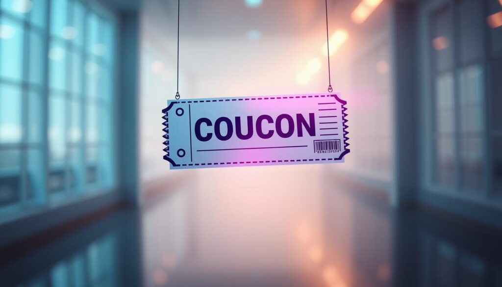 A vibrant and dynamic digital coupon or voucher suspended in an elegant, minimalist setting. The coupon is presented against a soft, blurred background, with a distinct vanishing point that suggests depth and perspective. The coupon is rendered in high detail, with clean lines, sharp edges, and a subtle sheen that captures the light. The overall composition is balanced and visually appealing, with an emphasis on the coupon's form and the concept of validity or expiration. The lighting is soft and diffused, creating a serene and inviting atmosphere that complements the subject matter.