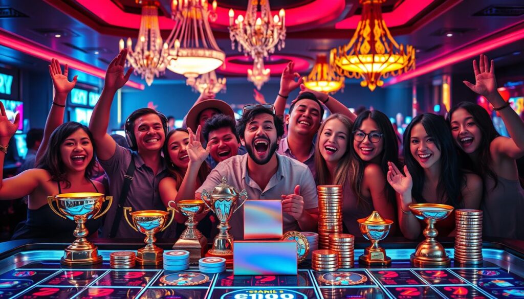 A vibrant and dynamic promotional banner for an online gaming platform's rewards program. In the foreground, a group of diverse players excitedly celebrating their winnings, their faces alight with joy. The middle ground showcases an array of enticing prizes and bonuses, ranging from shimmering trophies to stacks of virtual currency. In the background, a sleek and modern casino-inspired setting, with neon-lit gaming tables and dazzling chandeliers casting a warm, inviting glow. The lighting is cinematic, creating dramatic shadows and highlights that accentuate the celebratory atmosphere. The composition is symmetrical and balanced, drawing the viewer's eye towards the center of the frame. Overall, the image conveys a sense of excitement, camaraderie, and the thrill of successful gameplay within an online entertainment platform.